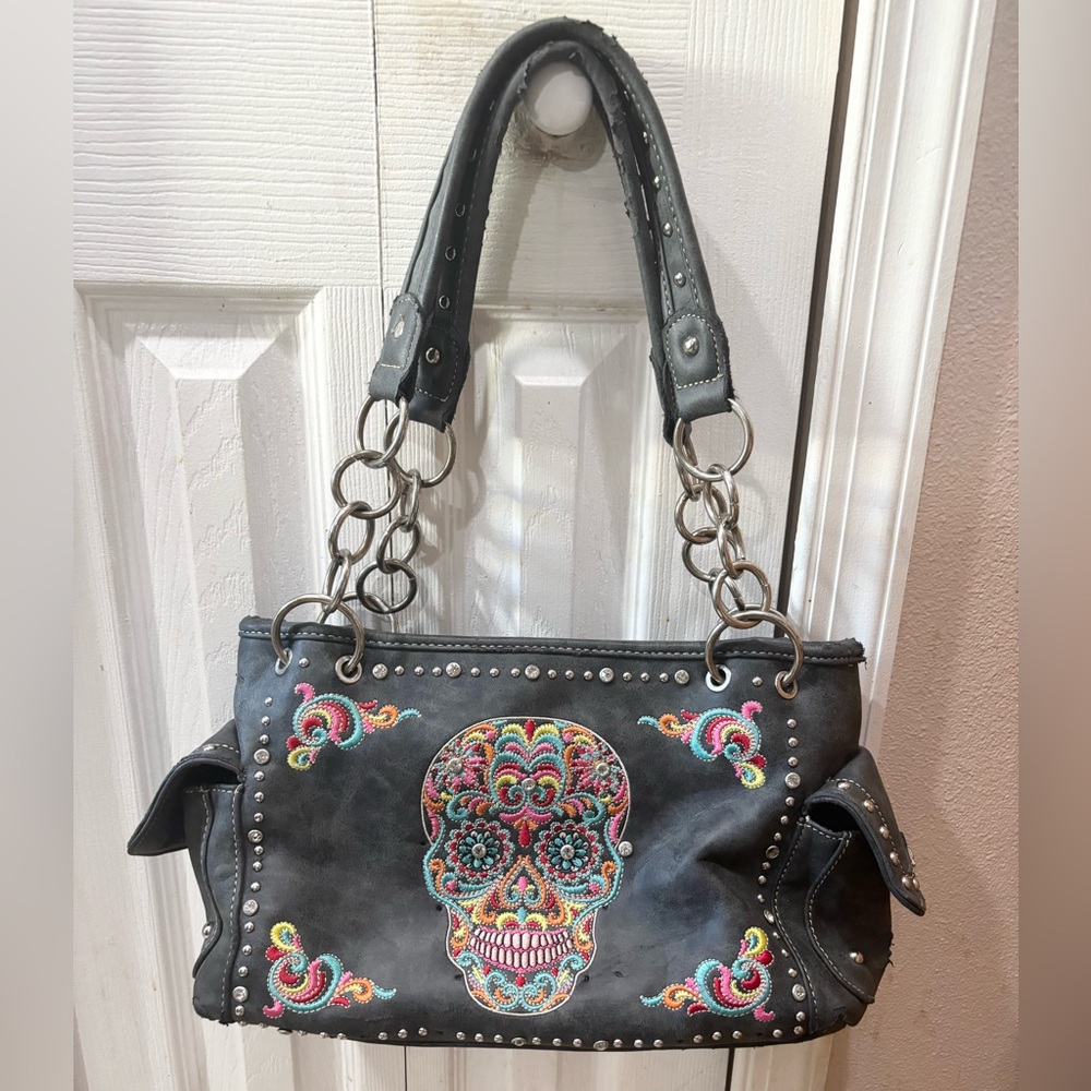 Montana West Skull Multicolored Rhinestone Shoulder Bag - Picture 2 of 10